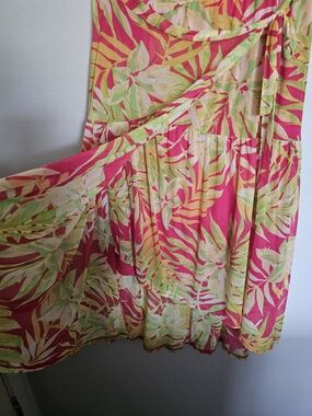 Tropical Floral Midi Skirt Wrap Front Tie Waist Tiered Ruffle Size L